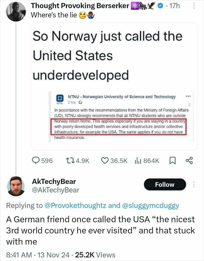 Tweet screenshot showing an epic burn about the USA’s development, illustrating times people delivered such epic burns.