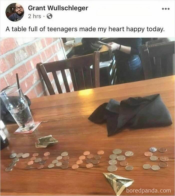 Coins and a folded dollar forming the word thanks on a wooden table, a wholesome meme for favorite people.