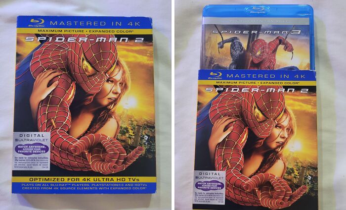 Blu-ray Spider-Man 2 and Spider-Man 3 movies found at thrift store, showcasing ridiculous movie collection discovery.