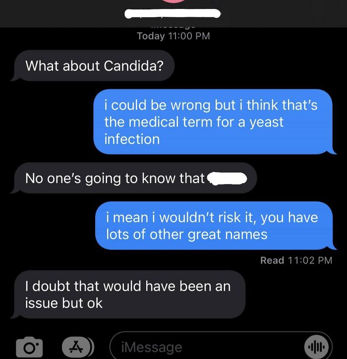 Text message conversation about baby names, discussing the name Candida and concerns related to unusual baby names.