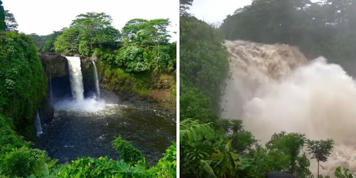 Comparison pics of a peaceful waterfall beside a powerful flood, highlighting variety in natural water flow scenes.