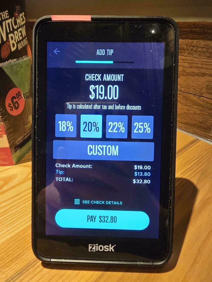 Interactive tipping screen showing a $19 check with tipping options up to 25 percent, highlighting tipping culture issues.