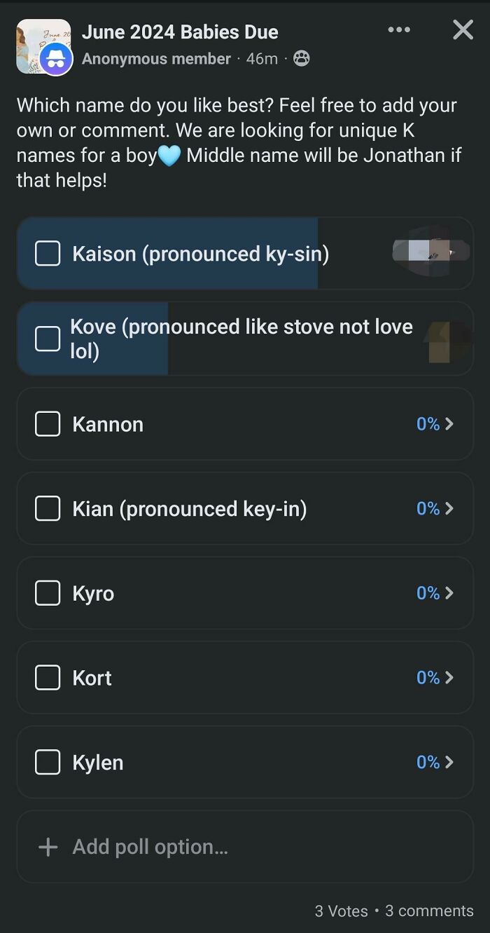 Poll on unique baby boy names starting with K, including Kaison, Kove, Kannon, Kian, Kyro, Kort, and Kylen.