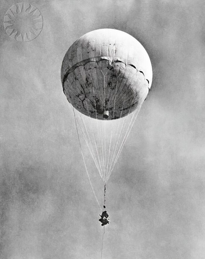 Vintage black and white photo of a reconnaissance balloon in flight, illustrating lesser-known historical events.
