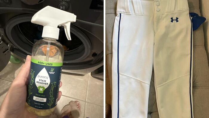 Stain remover spray held near a washing machine and Under Armour baseball pants laid on a couch, showcasing useful finds.