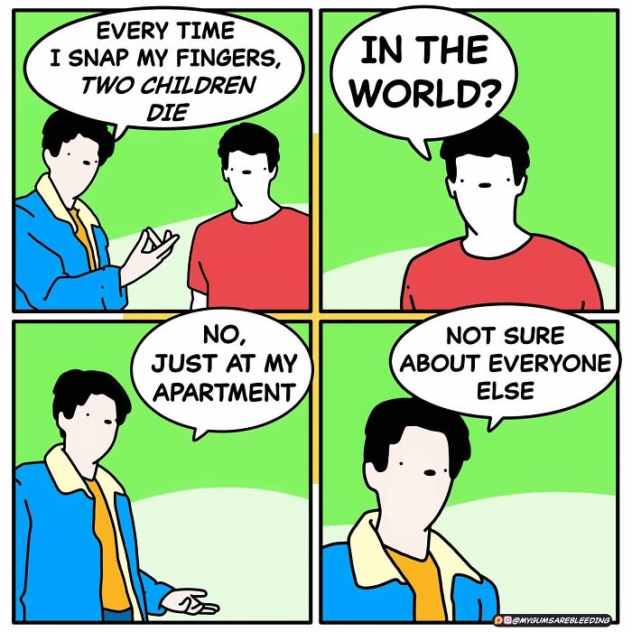 Four-panel dark and twisted comic by Miles Erickson showing a brutal conversation about causing harm with a finger snap.