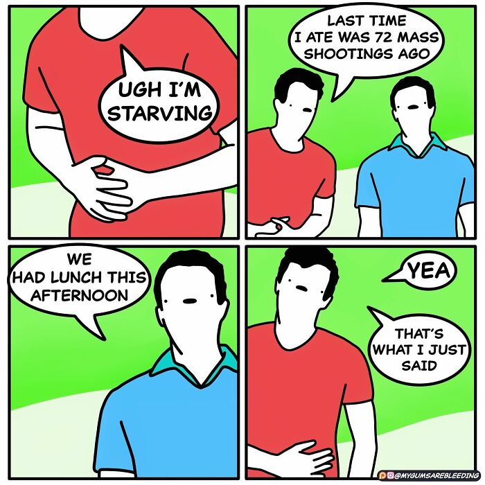 Dark and twisted comic by Miles Erickson showing a dialogue about starvation with brutally funny humor.