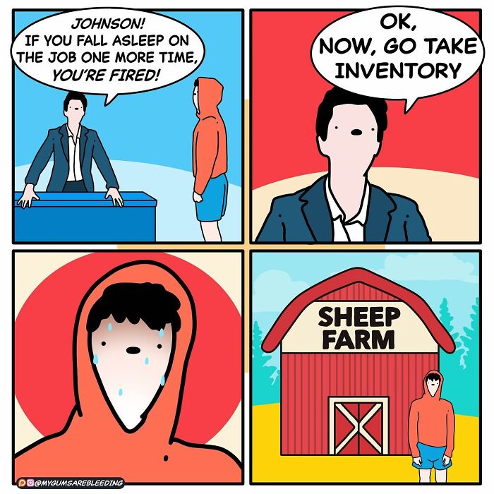 Dark and twisted comic by Miles Erickson showing a man fired, given new task, and sent to a sheep farm.