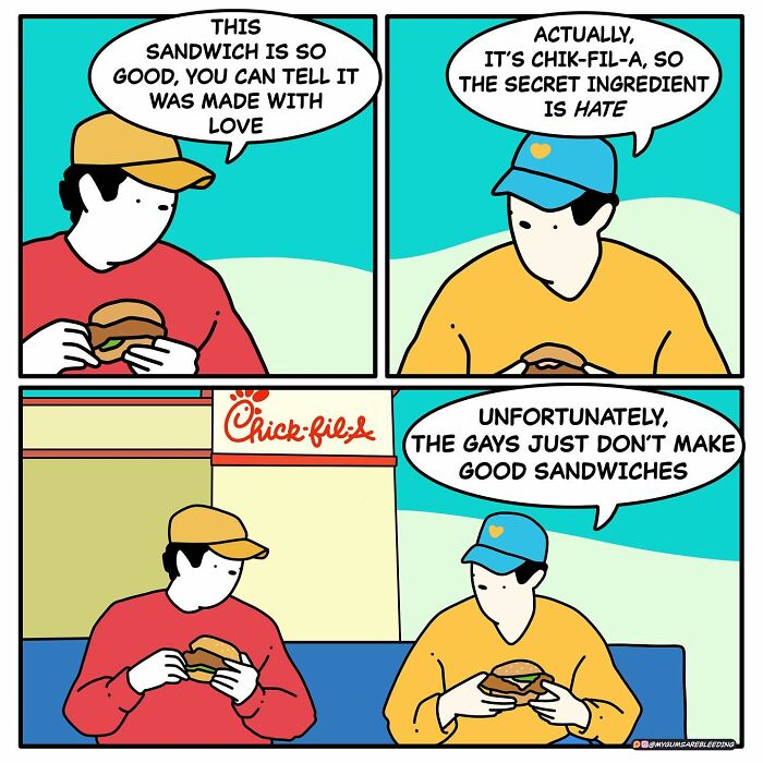 Dark and twisted comic by Miles Erickson featuring a controversial Chick-fil-A sandwich joke with two characters talking.