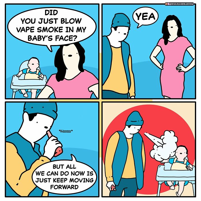 Dark and twisted comic by Miles Erickson showing a vape smoke prank on a baby with ironic dialogue and brutal humor.