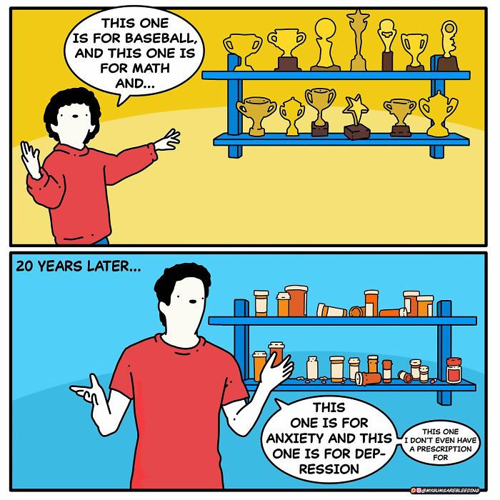 Comic by Miles Erickson showing a person comparing childhood trophies to adult prescription bottles for mental health.