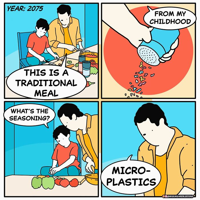 Four-panel dark and twisted comic by Miles Erickson showing a future meal seasoned with microplastics humorously.
