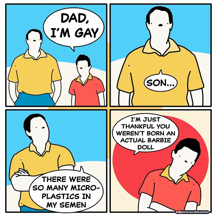 Dark and twisted comic by Miles Erickson showing a blunt father-son conversation with dark humor about identity and environment.