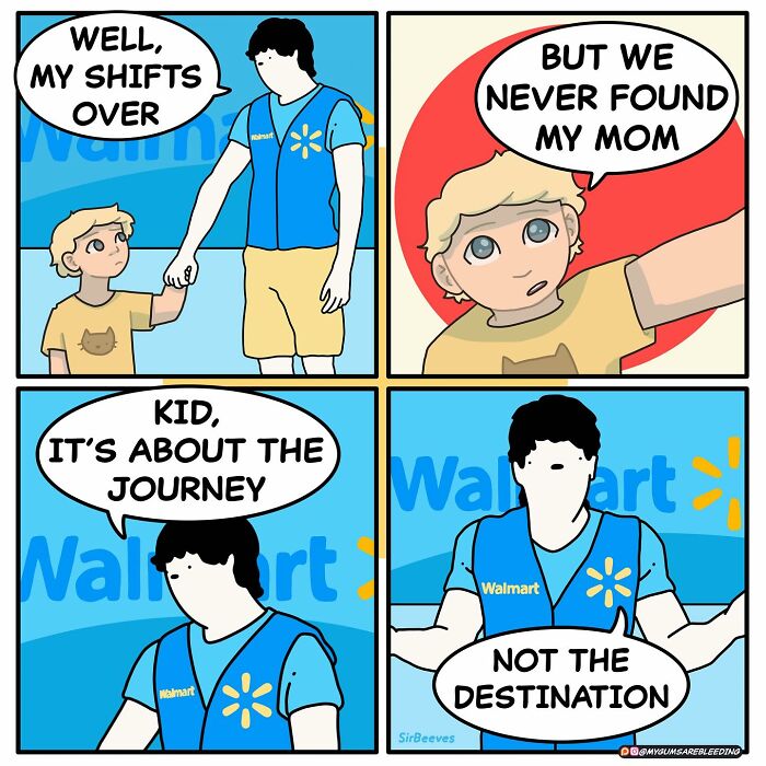 Dark and twisted comic by Miles Erickson showing a Walmart worker and child in a brutal yet funny dialogue.