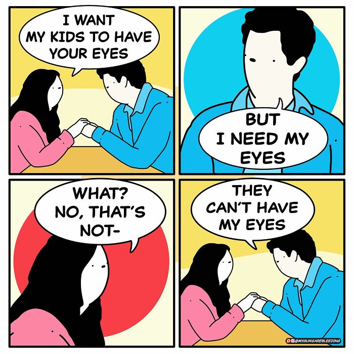 Dark and twisted comic by Miles Erickson showing a couple discussing wanting children's eyes in a brutal, funny style.