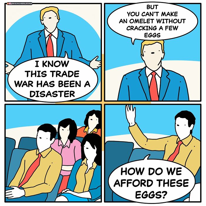 Dark and twisted comic by Miles Erickson showing a trade war joke with characters discussing eggs and omelets.