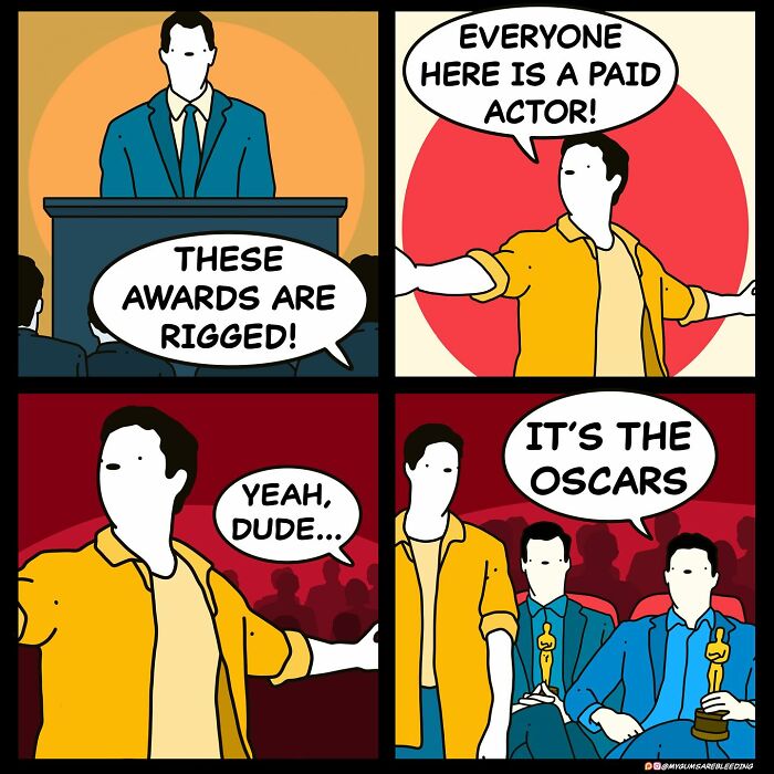 Dark and twisted comic panels by Miles Erickson depicting a satirical conversation about rigged awards and the Oscars.