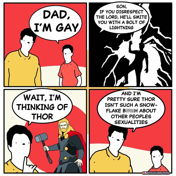Dark and twisted comic by Miles Erickson showing a father-son talk with a humorous Thor reference about sexuality.