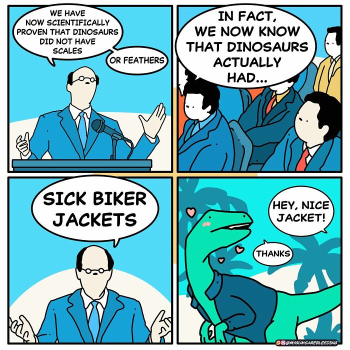 Comic panel featuring a scientist revealing dinosaurs had sick biker jackets in a dark and twisted comic by Miles Erickson.