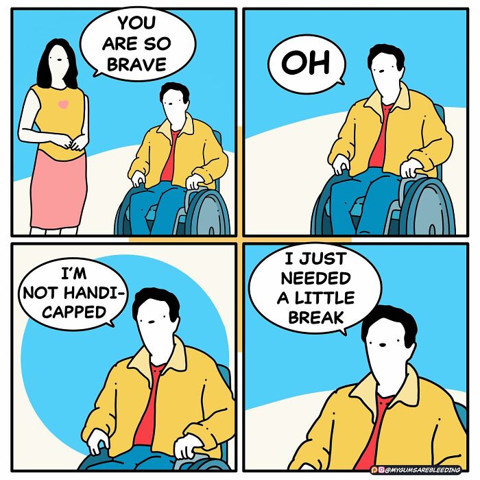 Dark and twisted comic by Miles Erickson showing a man in a wheelchair responding humorously to a woman’s comment.