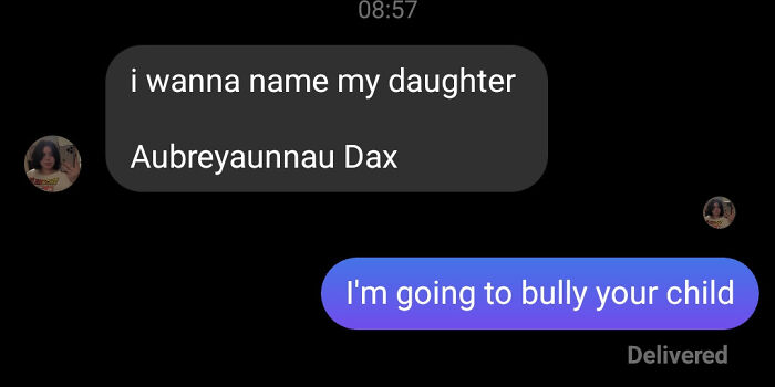 Text message conversation about baby names showing a unique name suggesting Wednesdaigh Adams as a baby name example.