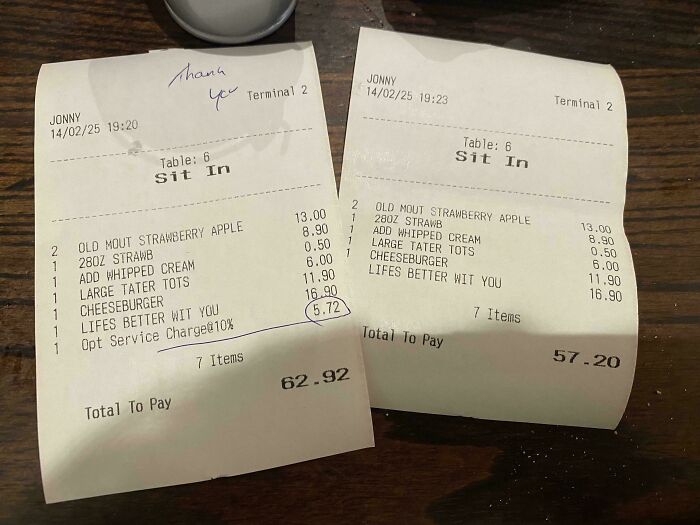 Two restaurant receipts showing an added optional service charge, illustrating ridiculous tipping culture issues.
