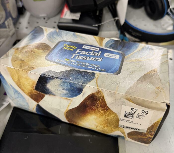 Box of facial tissues with thrift store price tag on shelf, a ridiculous thrift store find to share.