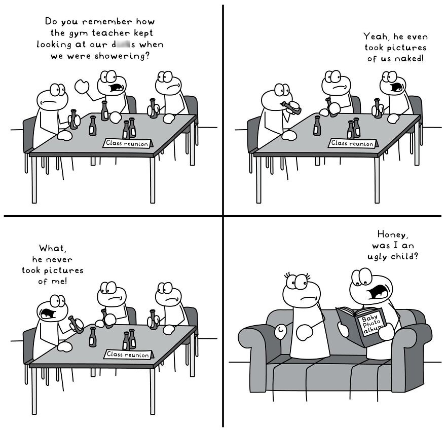 Black and white comic panels showing funny and relatable everyday life situations at a class reunion and home.