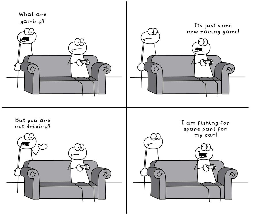 Two characters on a couch discussing gaming, illustrating a funny and relatable everyday life situation comic.
