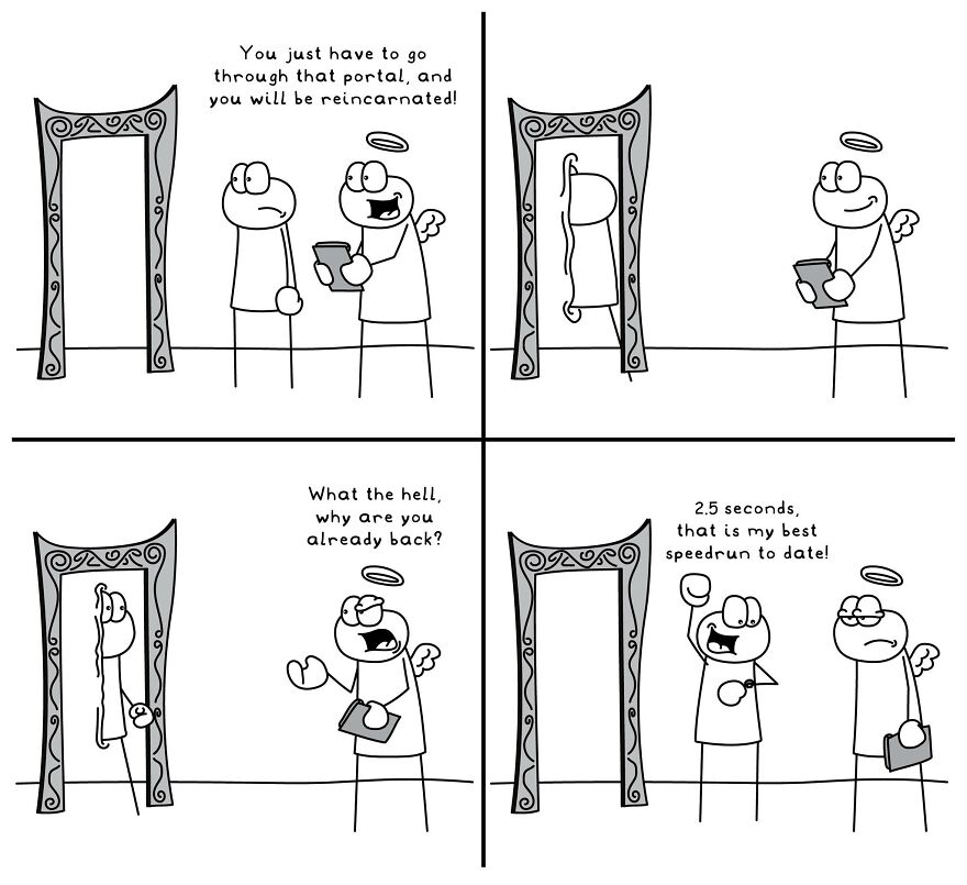 Stick figure comic illustrating a funny everyday life situation with a portal and a speedrun joke.