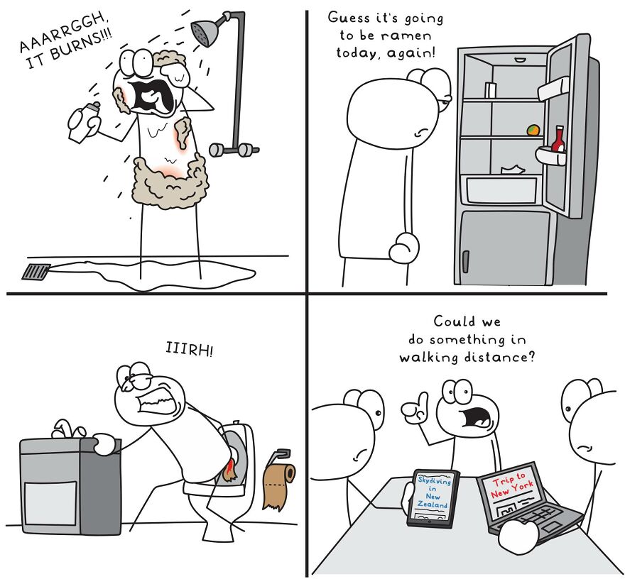 Funny and relatable comics illustrating random everyday life situations like burns, hunger, pain, and travel plans.