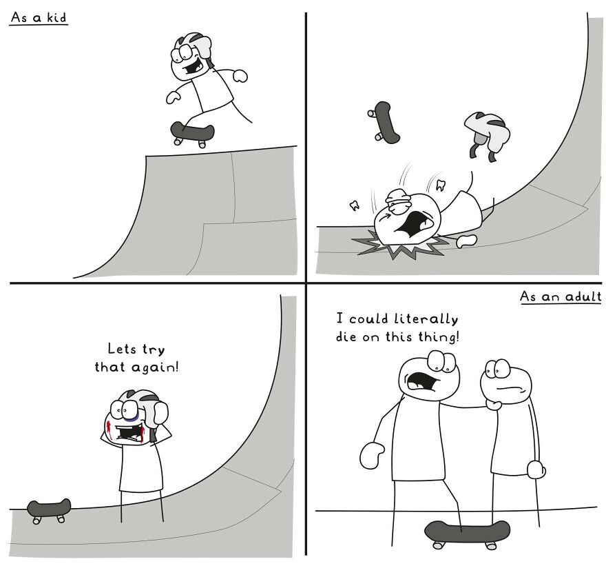Funny and relatable comic illustrating random everyday life situations with skateboarding as a kid versus an adult.