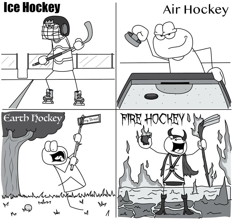 Comic illustration showing funny and relatable everyday life situations with different types of hockey games.