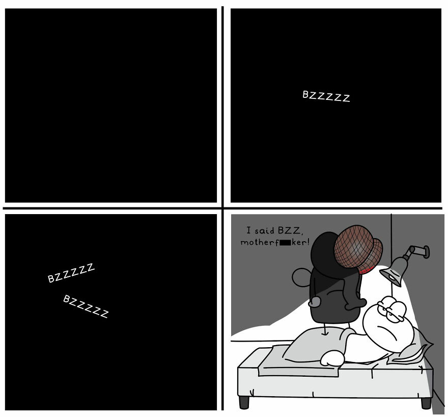 Funny and relatable comic illustrating a person annoyed by a persistent buzzing insect while trying to sleep.