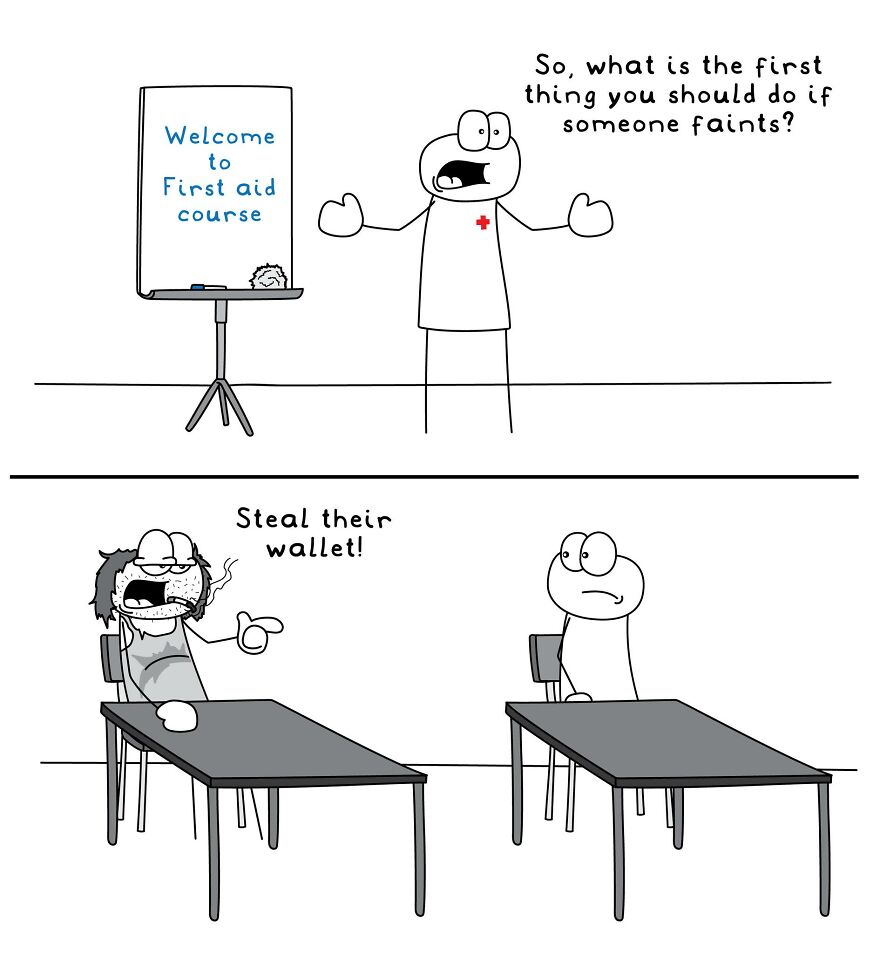 Funny and relatable comic illustrating a random everyday life situation during a first aid course.