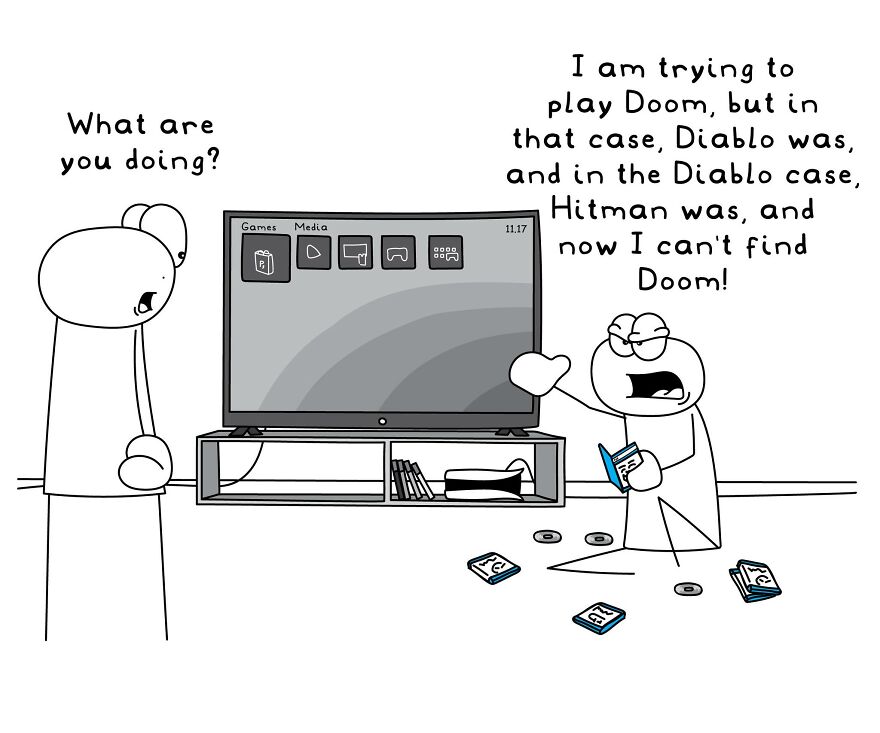 Funny and relatable comic showing confusion over finding Doom among video game cases in everyday life situations.