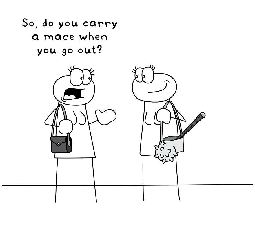 Funny and relatable comic illustrating a random everyday life situation with two characters discussing carrying mace when going out.