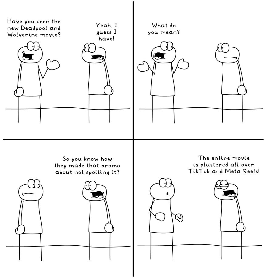 Simple comic illustrating a funny everyday life situation about spoilers in movies shared on social media platforms.