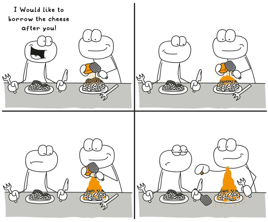 Comic strip illustrating funny and relatable everyday life situations with two characters sharing a plate of pasta and cheese.