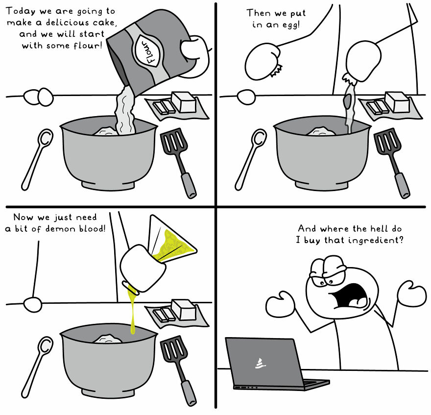 Comic illustrating a funny everyday life situation where a person struggles to find a bizarre cake ingredient online.