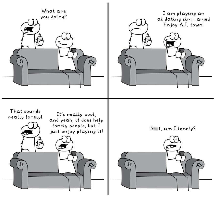 Funny and relatable comic shows characters discussing an AI dating sim in everyday life situations on a couch.