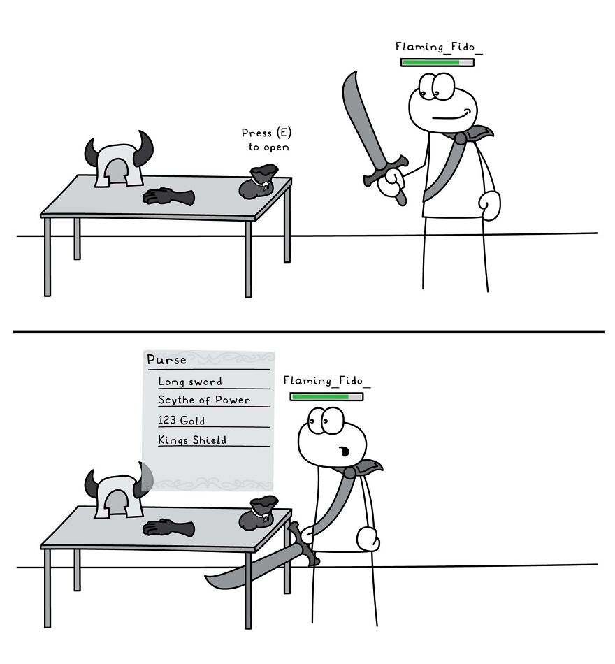 Comic illustrating a funny everyday life situation with a video game character interacting with items on a table.