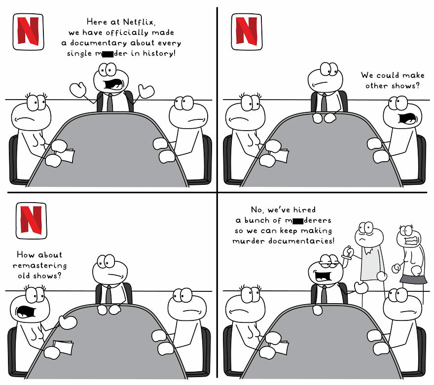 Comic illustration depicting a funny and relatable everyday life situation at a Netflix meeting about shows.
