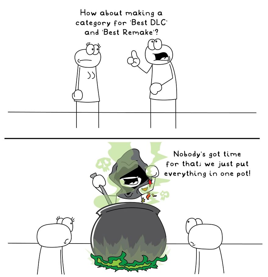 Funny and relatable comic illustration showing everyday life situations with stick figures and a boiling cauldron scene.