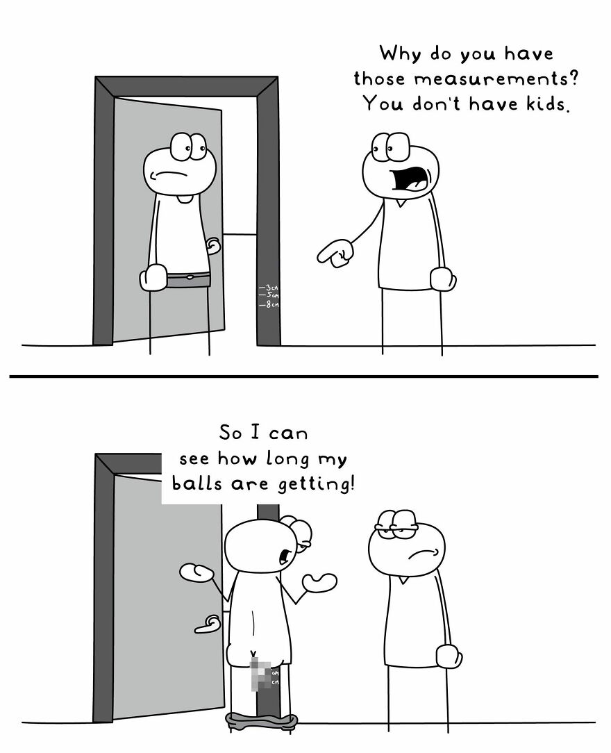 Funny and relatable comic illustrating a random everyday life situation with humorous measurements on a wall.