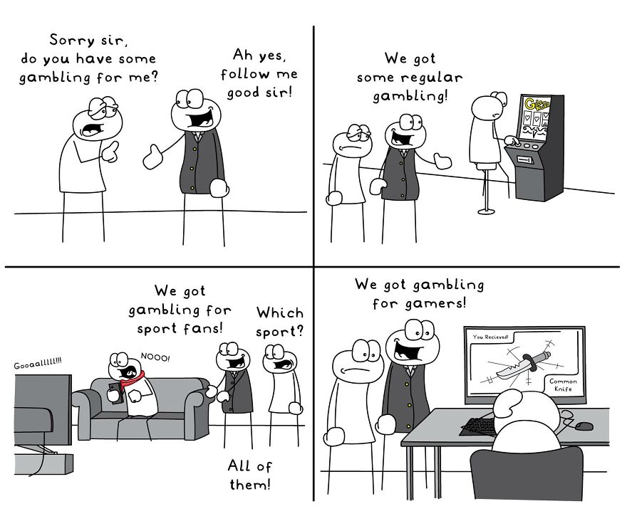 Comic strip illustrating funny and relatable everyday life situations involving gambling for different types of fans.
