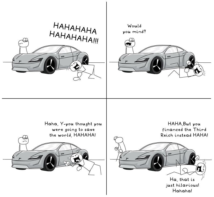 Funny and relatable comic showing a person laughing at a car in a random everyday life situation illustration.