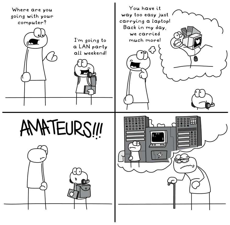 Funny and relatable comic illustrating random everyday life situations about carrying computers to a LAN party.