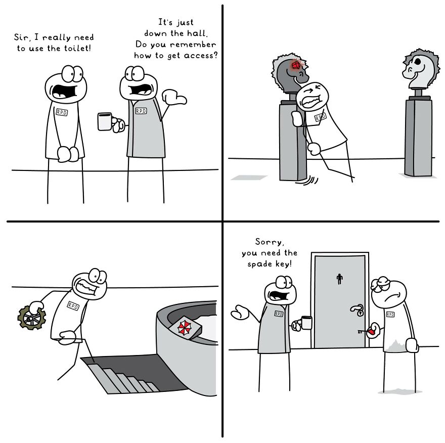 Funny and relatable comic illustrating random everyday life situations with stick figures and humorous dialogue.