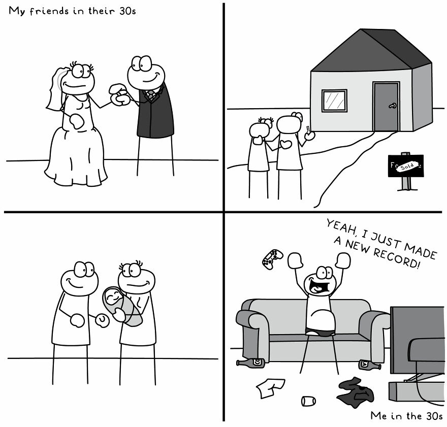 Four-panel funny comic illustrating everyday life situations of friends in their 30s including marriage, home buying, parenting, and gaming.